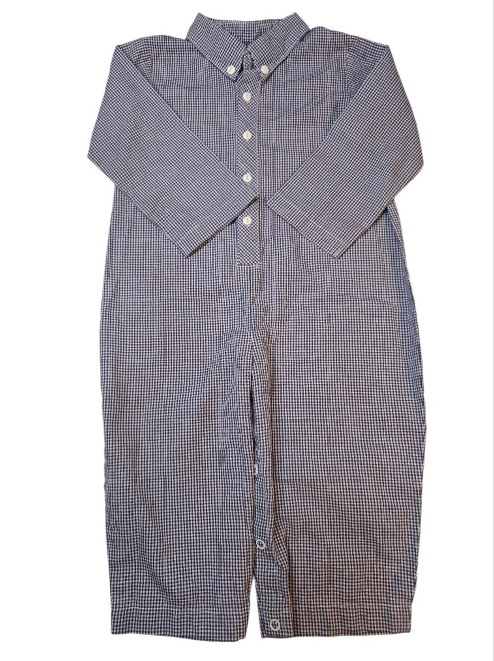 Vintage Royal Kidz Button-Front Gingham One-Piece Romper - Navy & White